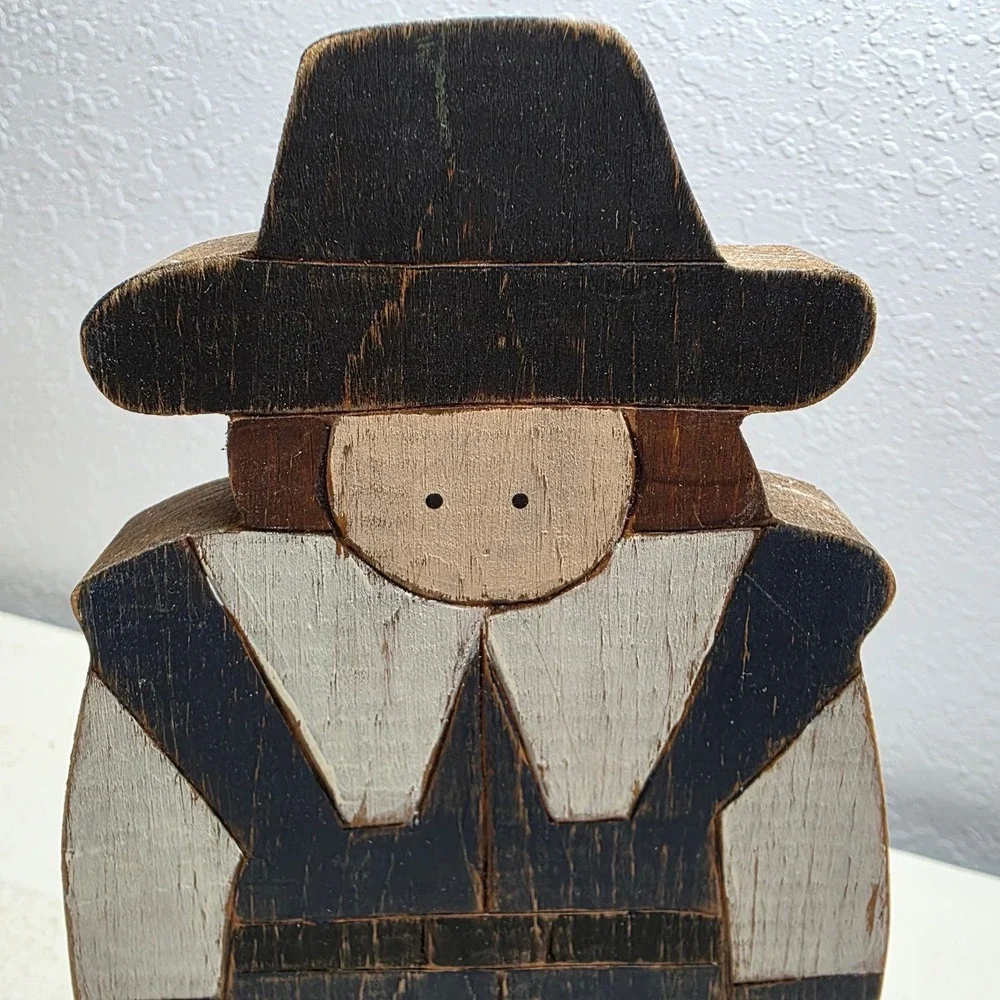 Vintage‎ Primitive Wooden Thanksgiving Pilgrim Turkey Wheat Set 4pc Farmhouse
